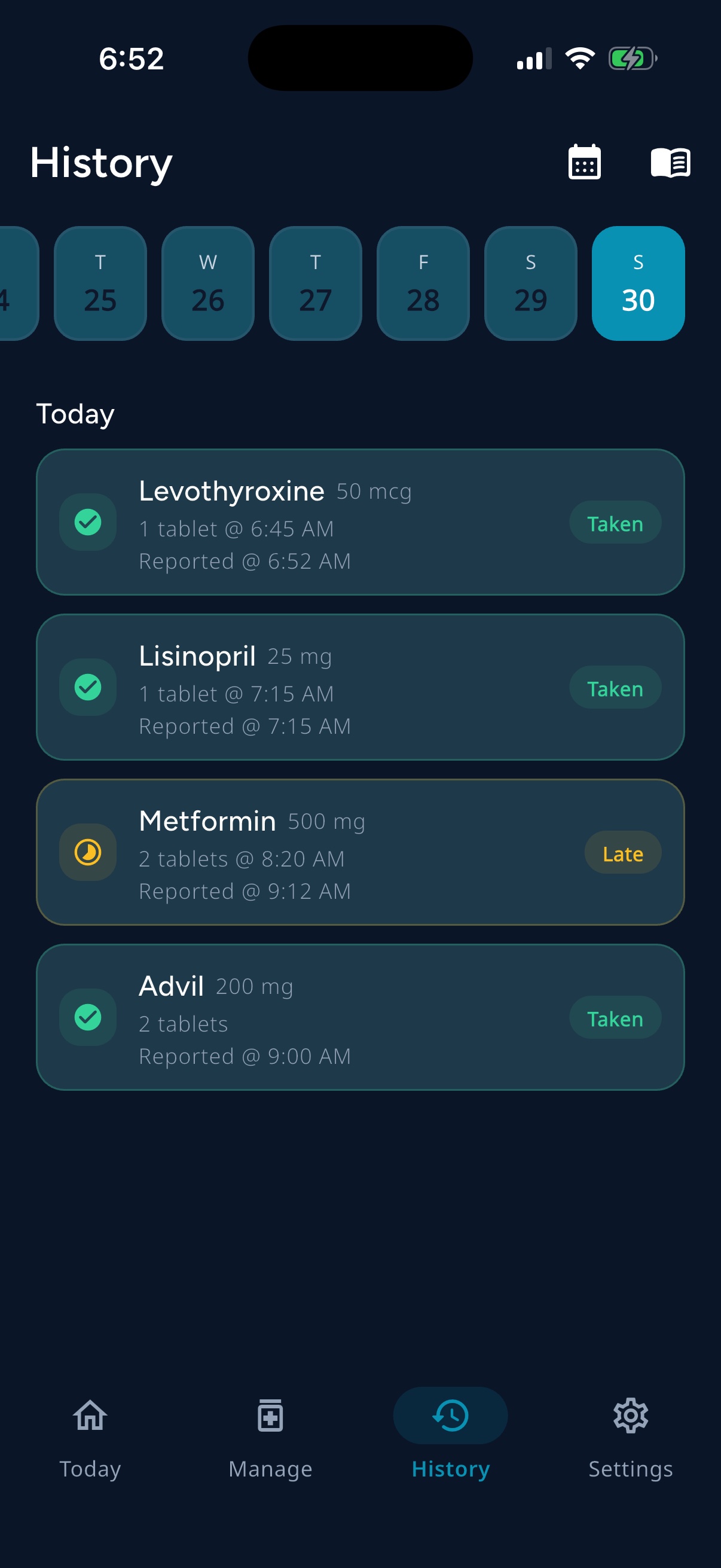 RememRx History screen with a calendar strip and dose log