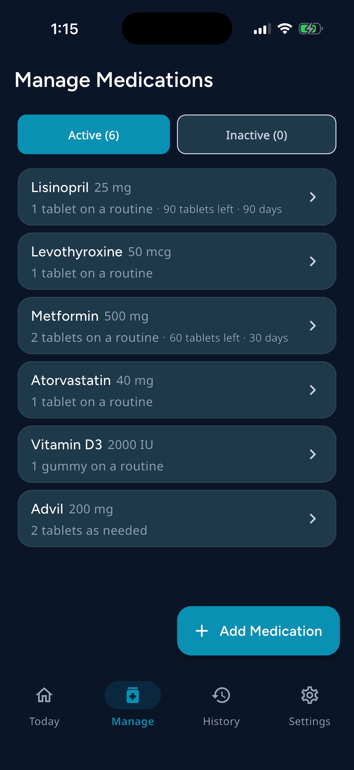 RememRx Manage Medications screen listing all tracked medications