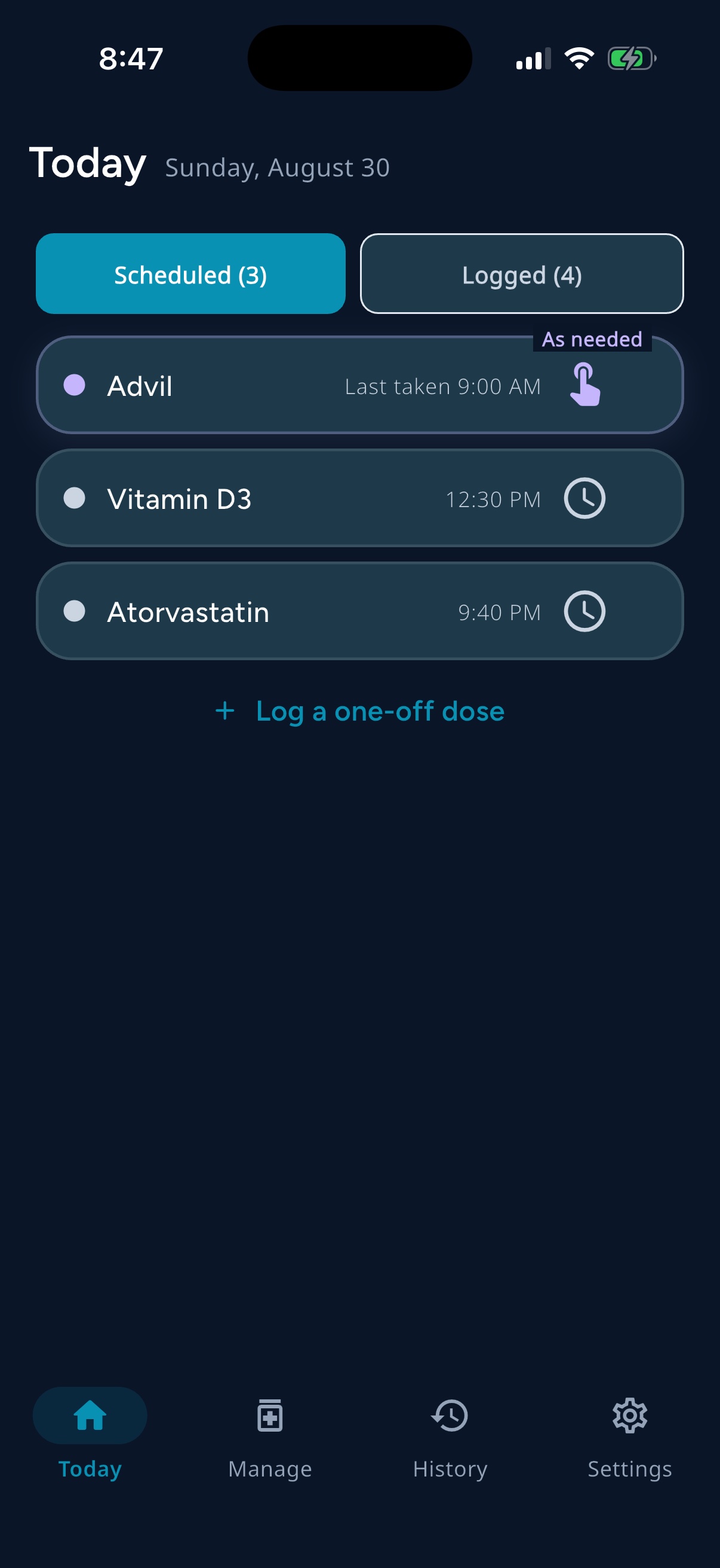 RememRx Today screen showing today's medications and their status