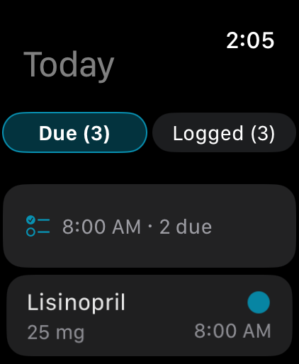 RememRx Apple Watch app showing the Due tab with a take-all row