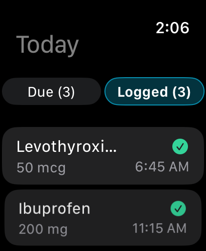 RememRx Apple Watch app showing the Logged tab of completed doses