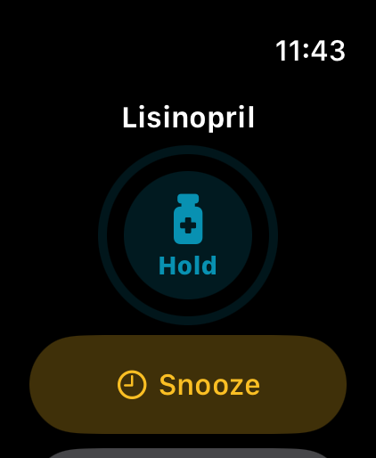 RememRx Apple Watch app showing the hold-to-confirm button for a dose